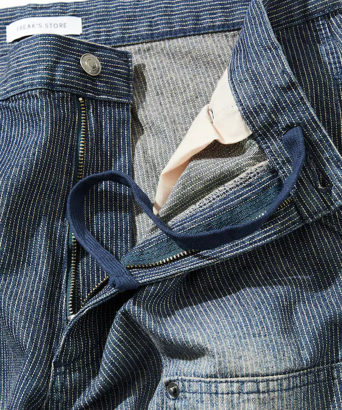 新款預訂 FREAK'S STOREWide silhouette distressed double knee hickory Denim pants