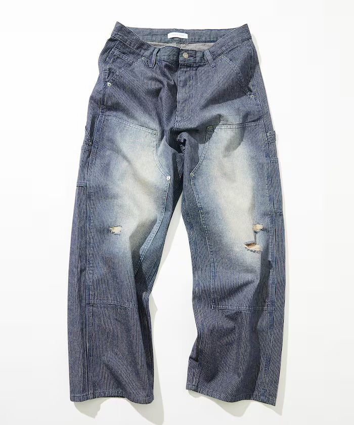 新款預訂 FREAK'S STOREWide silhouette distressed double knee hickory Denim pants