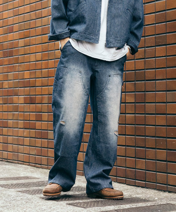 新款預訂 FREAK'S STOREWide silhouette distressed double knee hickory Denim pants