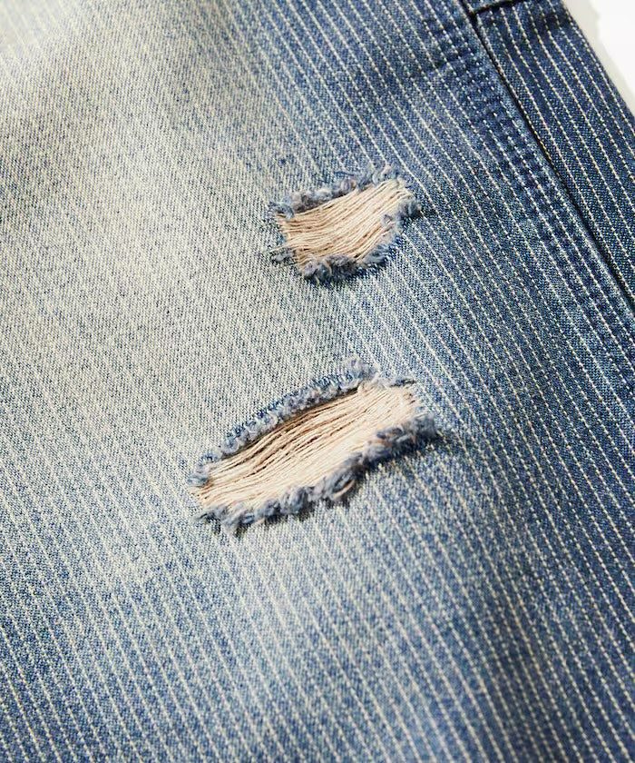 新款預訂 FREAK'S STOREWide silhouette distressed double knee hickory Denim pants