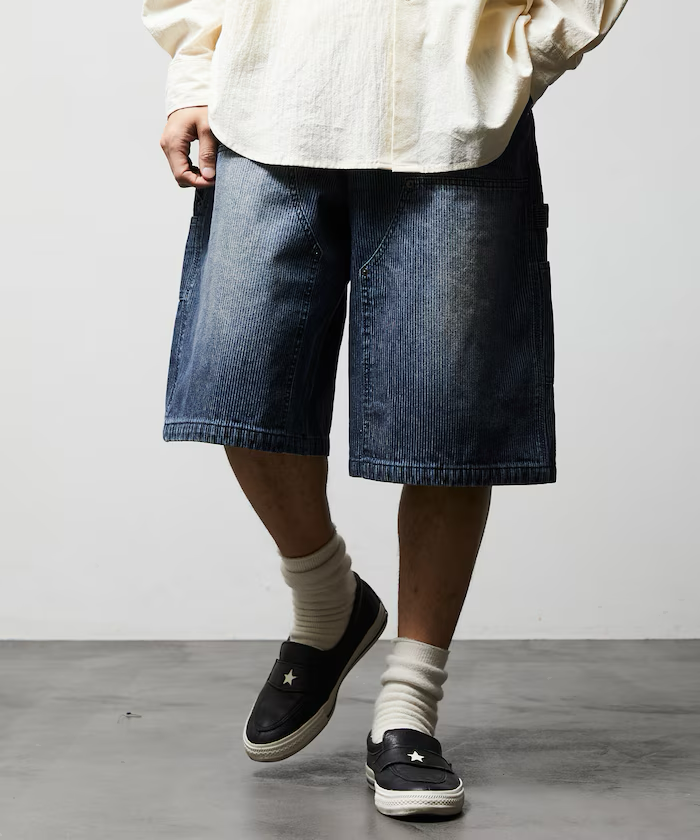 Freak's Store / Wide silhouette vintage double knee hickory denim shorts