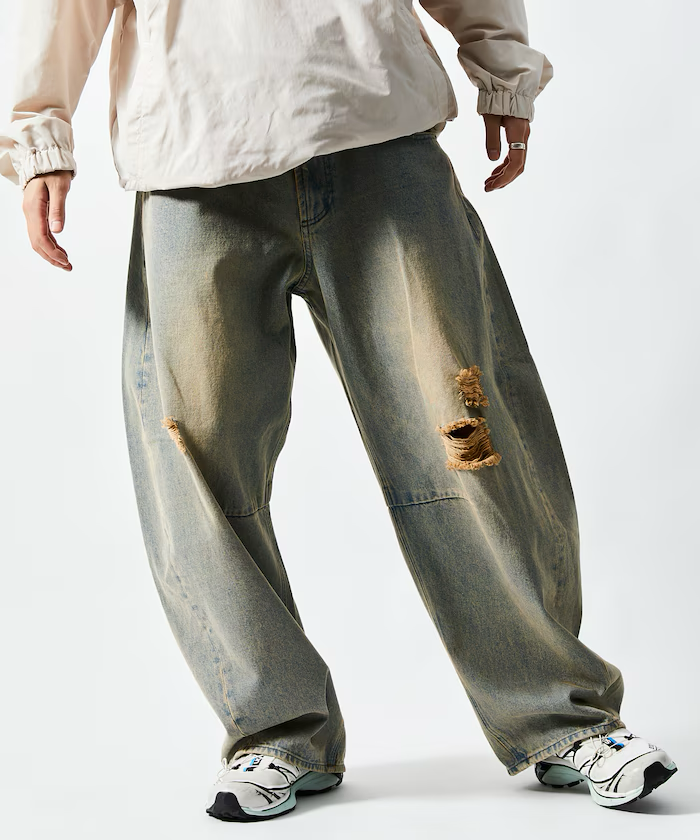 FREAK'S STORE / Wide silhouette distressed curved Denim pants