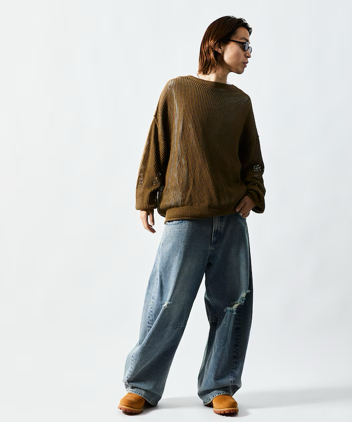 FREAK'S STORE / Wide silhouette distressed curved Denim pants