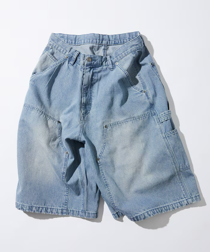 Freak's Store / Wide silhouette vintage double knee hickory denim shorts