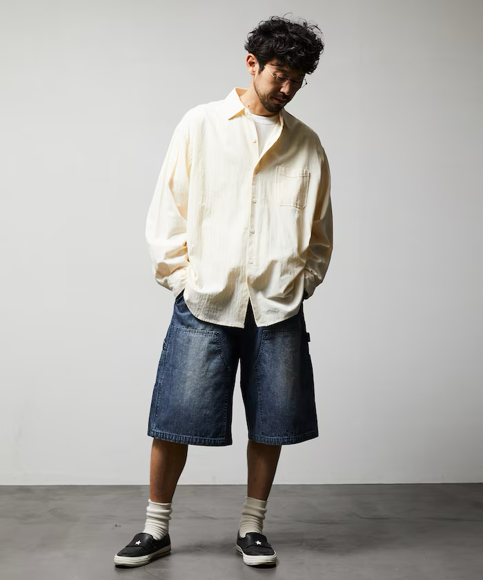 Freak's Store / Wide silhouette vintage double knee hickory denim shorts