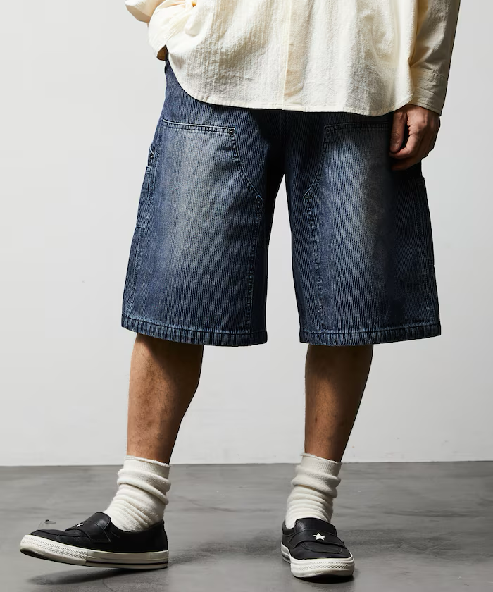 Freak's Store / Wide silhouette vintage double knee hickory denim shorts