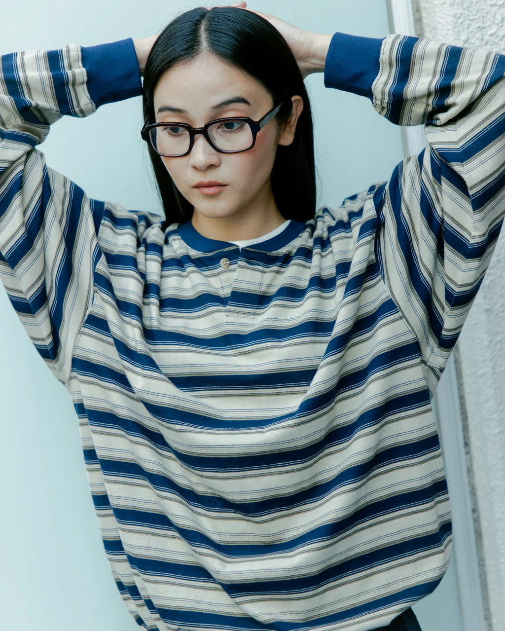 BLUETOWN TOKOY Drawstring Henley Border T-shirt