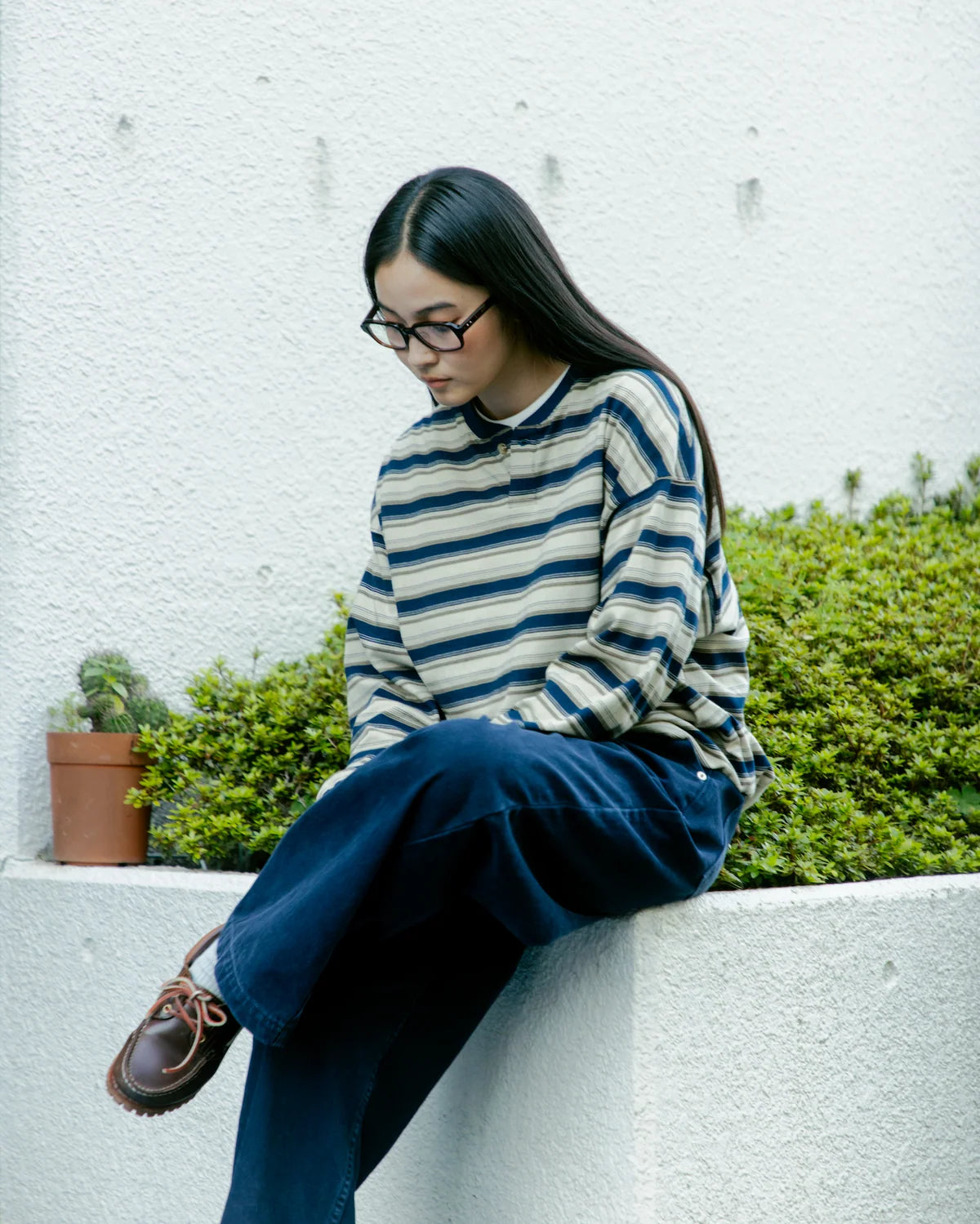 BLUETOWN TOKOY Drawstring Henley Border T-shirt