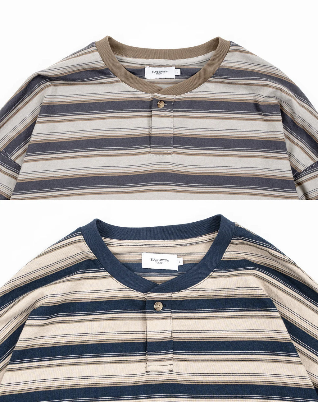 BLUETOWN TOKOY Drawstring Henley Border T-shirt