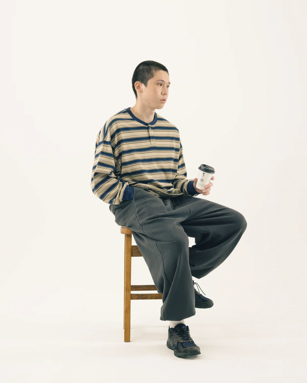 BLUETOWN TOKOY Drawstring Henley Border T-shirt